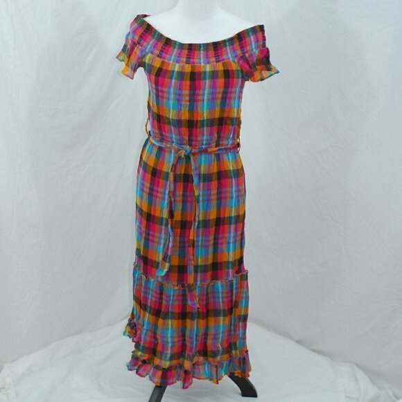BOHO Hippie Maxi Dress Jun & Ivy Juniors Medium Multicolored Plaid Scoop Neck - Picture 2 of 9